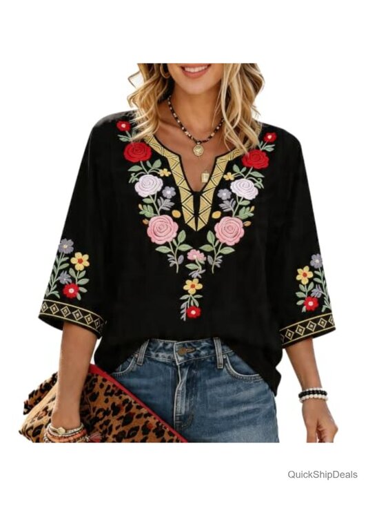 Tops - Women's Mexican Embroidered Boho Tunic Top 3/4 Sleeve Peasant Blouse Cotton